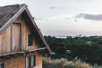 Cozy hillside bungalow surrounded by tropical trees with a view of the ocean at sunset.