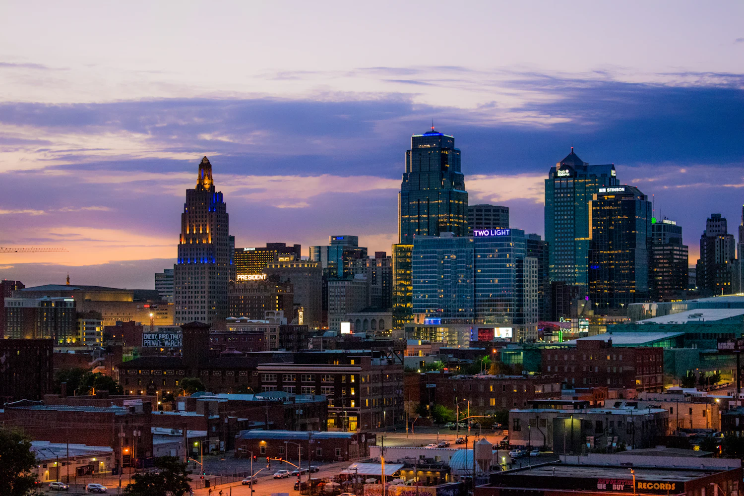 The Kansas City downtown skyline at dusk