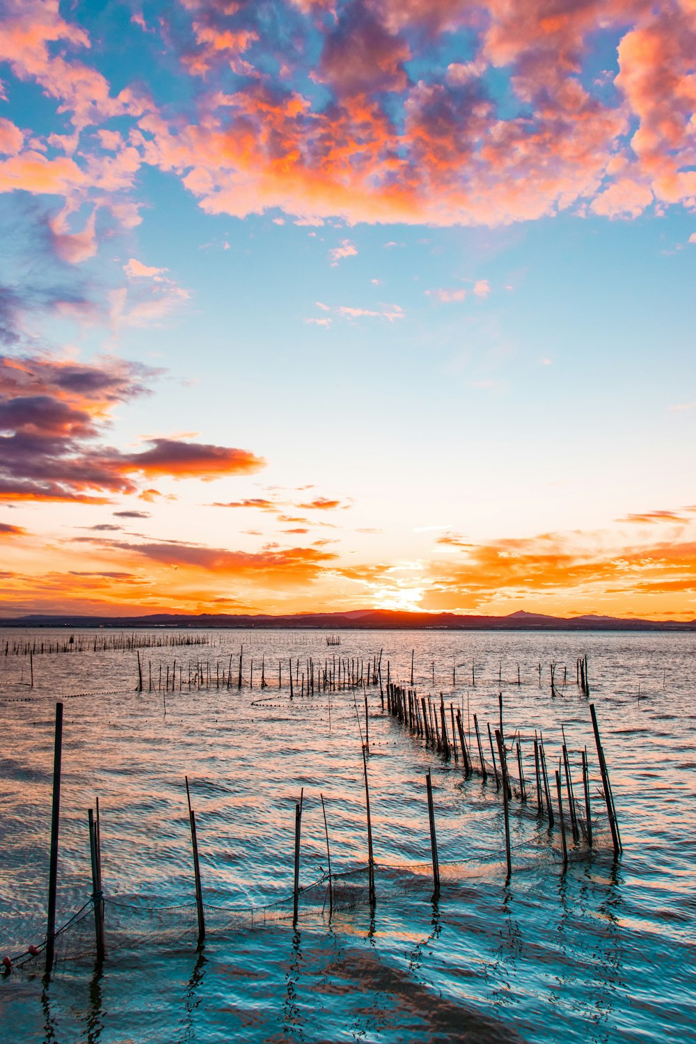 fish pen on ocean at golden hour