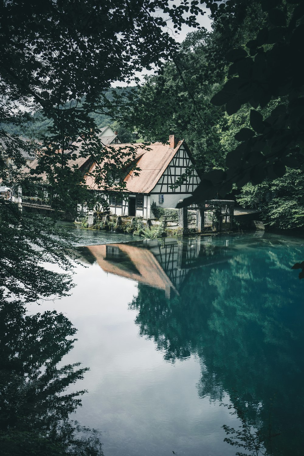 white and brown wooden house near river and trees