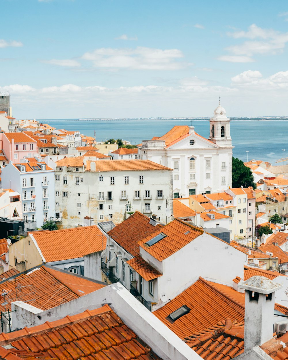 Fotografia de paisagem de casas de telhado laranja perto do corpo de água