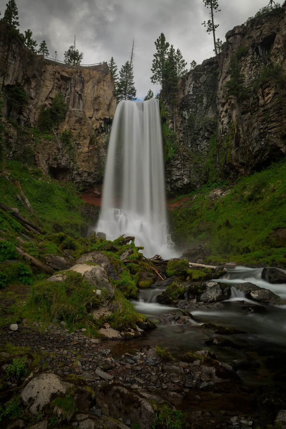 waterfalls under cloudy sky