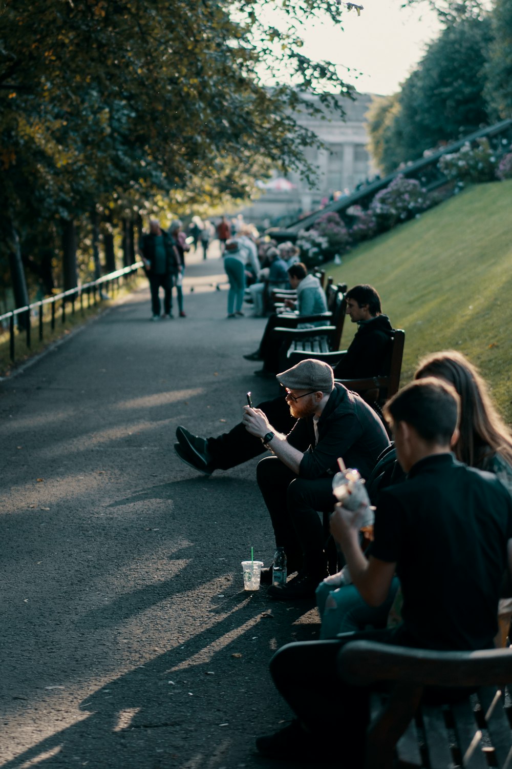 group of people sitting on park beside pathway during daytime