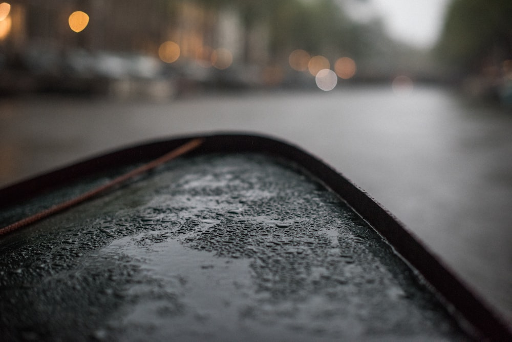 selective focus photography of black surface with water dew