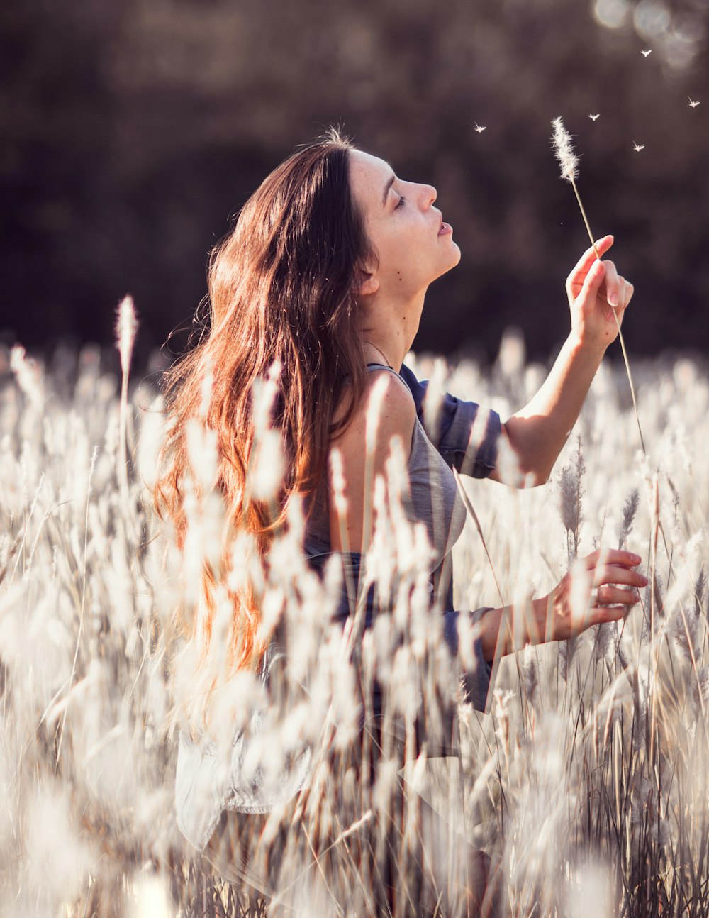 femme soufflant une fleur blanche au milieu du champ