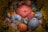 A variety of pumpkins and gourds arranged in a decorative display, surrounded by clusters of small, yellow flowers. The pumpkins vary in color and texture, including deep orange, pale blue-gray, and mixed patterns. The scene evokes an autumnal theme.