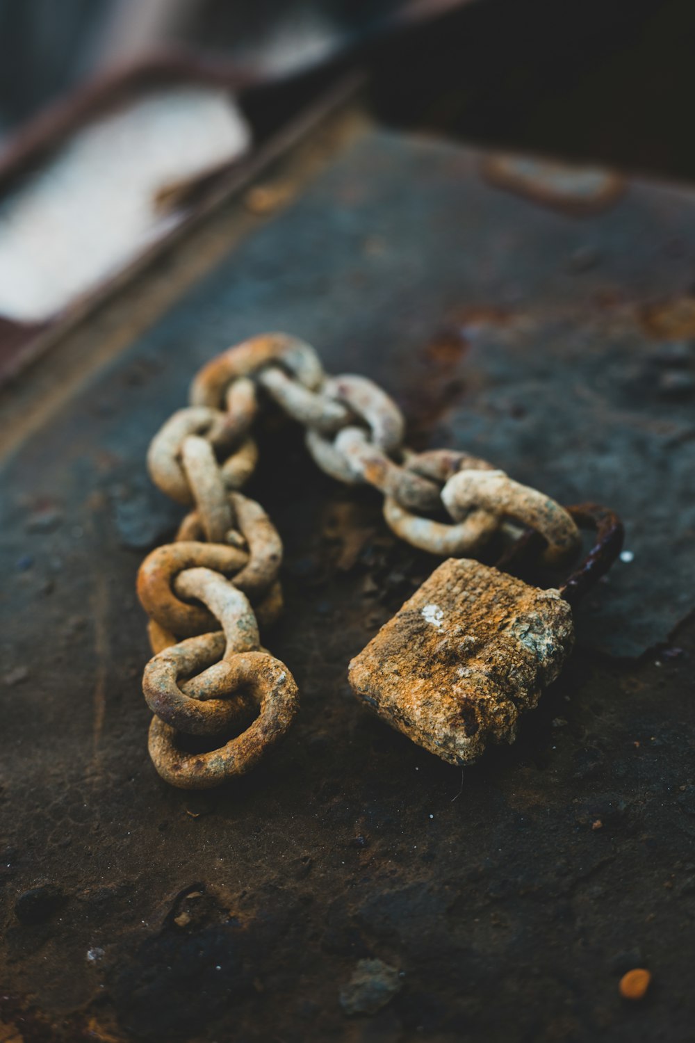 selective focus photography of gray rust-covered chain and padlock
