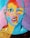 A colorful abstract portrait features a face with exaggerated expressions. The style uses a combination of bold primary and pastel colors, creating a vibrant and playful appearance. The facial features are depicted with thick brushstrokes, giving it a textured look. The figure's one eye is open while the other is winking, accompanied by a playful smirk.