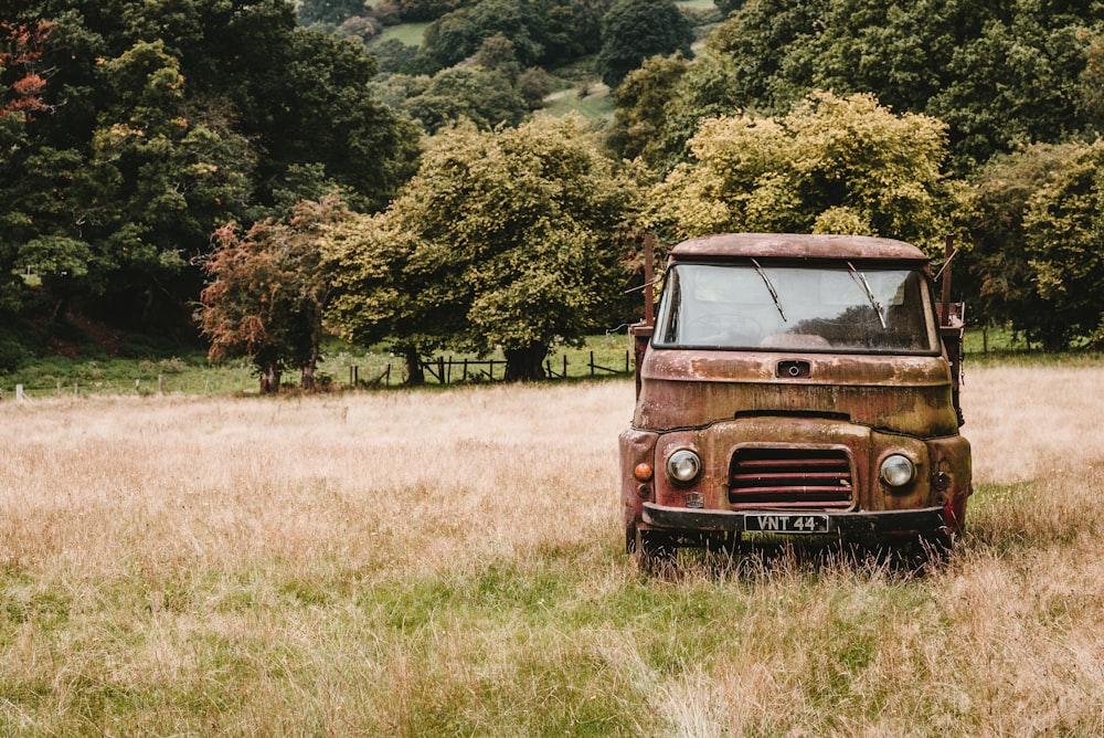 abandoned brown vehicle in the middle of grassland