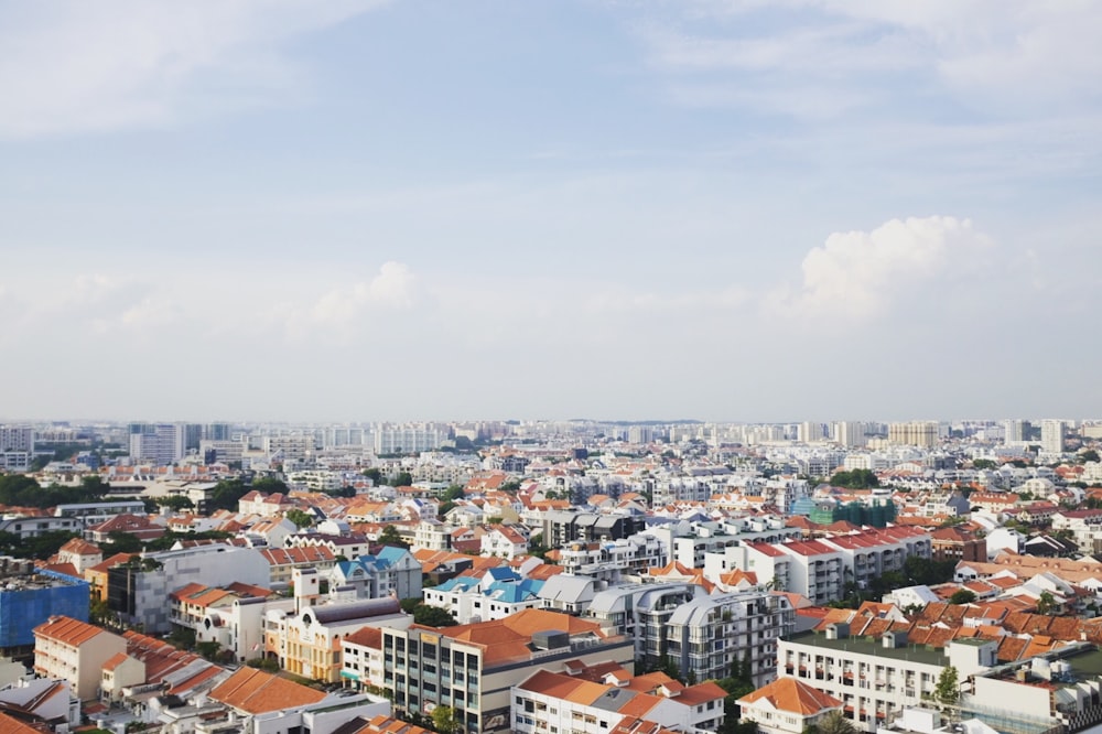 aerial view of houses with cloudy sky