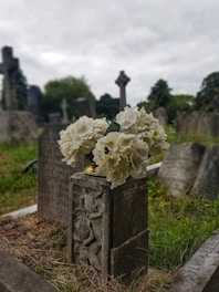 A cemetery scene with several old tombstones surrounded by overgrown grass and trees. In the foreground, a stone pedestal with intricate carvings is adorned with a bouquet of white flowers. The sky is overcast, creating a somber atmosphere over the graveyard.