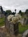 A cemetery scene with several old tombstones surrounded by overgrown grass and trees. In the foreground, a stone pedestal with intricate carvings is adorned with a bouquet of white flowers. The sky is overcast, creating a somber atmosphere over the graveyard.