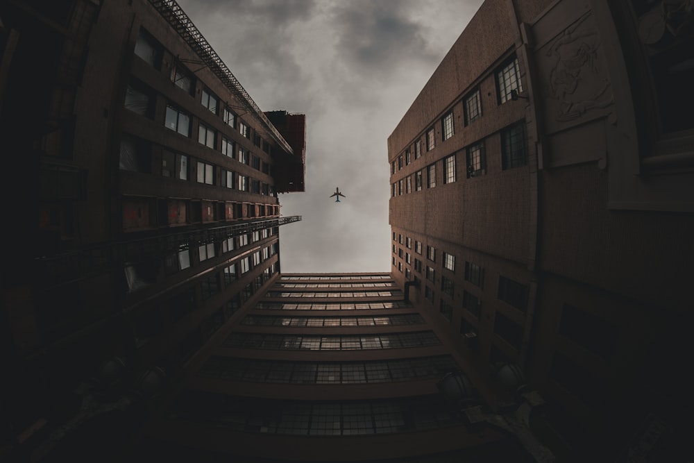 low-angle photo of airliner in flight above high-rise buildings