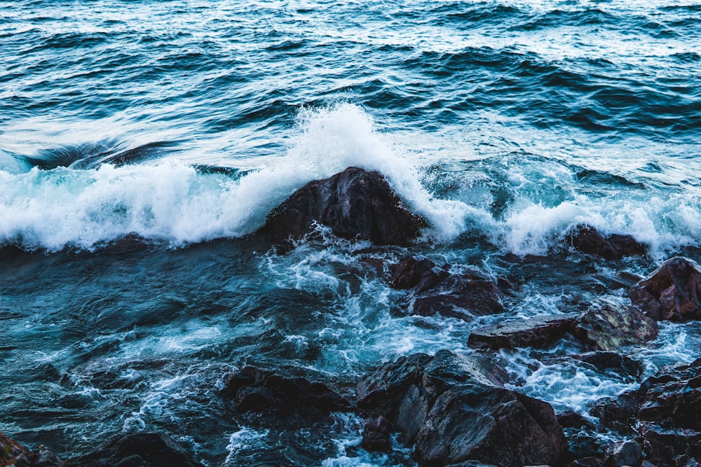 blue ocean water on brown concrete rocks