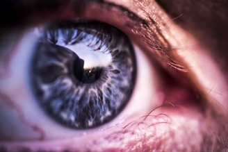 A close-up view of a human eye with intricate details of the iris and eyelashes. The iris appears blue with complex patterns and reflections visible on the surface, possibly showing a distant landscape or scene.