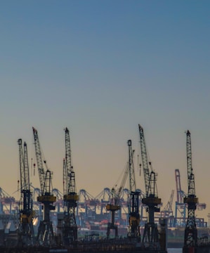 Wide shot of a fleet of platform cranes ready for transport jobs in an open yard