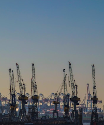 Several large cranes are visible at a port or dockyard, with numerous other cranes and industrial structures in the background. The sky is clear, giving the scene a sense of openness and space.