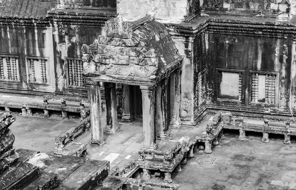 grayscale photography of temple