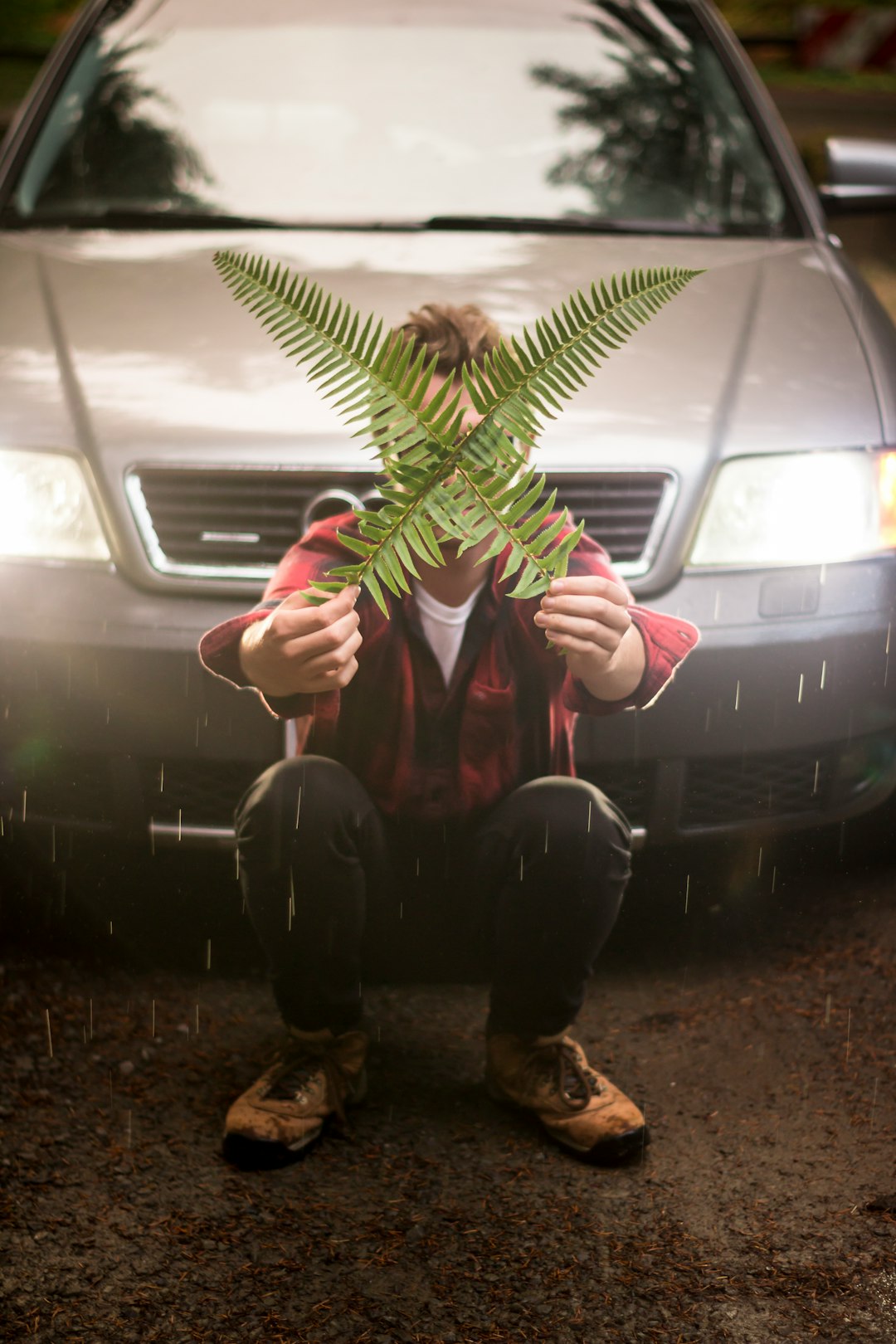 man crossing fern leaves while squatting in front of vehicle