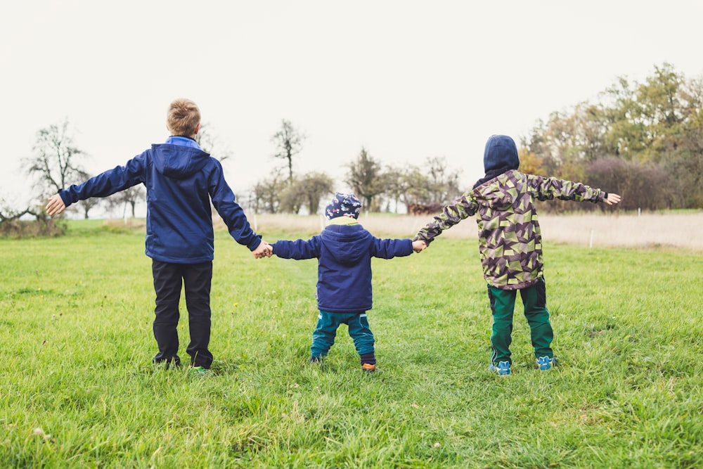 three children holding hands standing on grasses