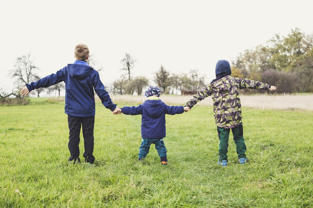 três crianças de mãos dadas em pé sobre gramas;