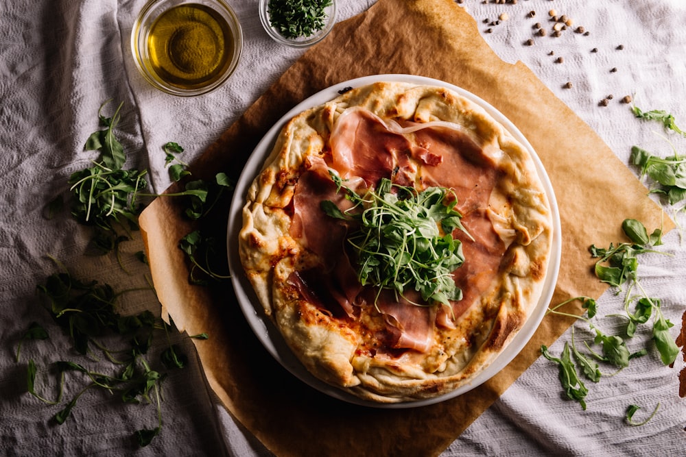 flat lay photography of cooked dish with toppings