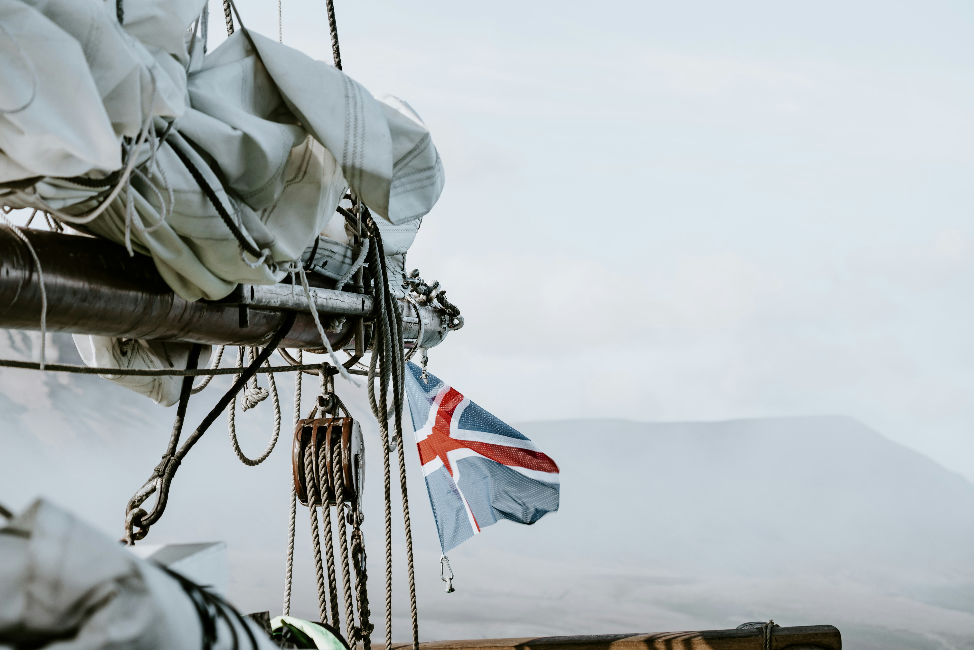 blue, red, and white flag, On deck of the Opal Schooner with North Sailing