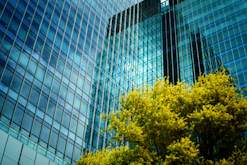 bottom view of blue building