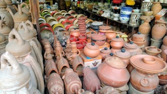 A variety of clay pots and kitchenware are displayed on shelves and tables, featuring different shapes and sizes. Terracotta pottery is prominently featured, with some pieces decorated with intricate patterns. The setting appears to be a market or shop, with colorful plastic bowls visible in the background.