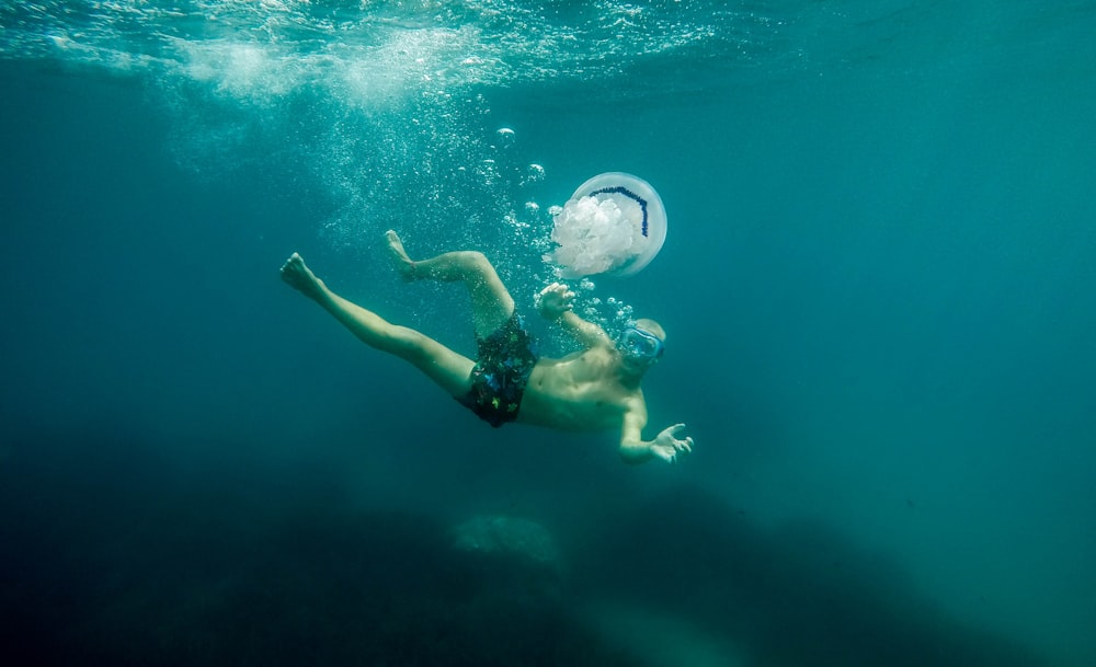underwater photography of man near on jellyfish
