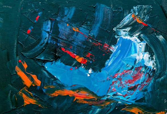 An abstract painting featuring a swirl of vibrant colors and textures. Dark teal and deep blue form the background, while bold strokes of bright orange, red, and white add contrast and energy. The composition has a dynamic, flowing movement, resembling a wave or waterfall.