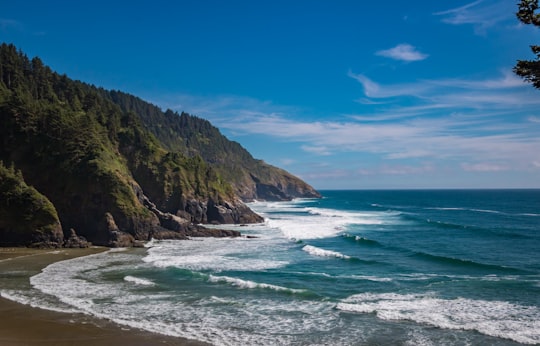 seashore under blue sky in Heceta Head Lighthouse State Scenic Viewpoint United States