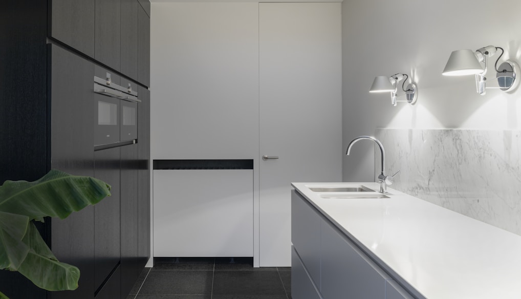 white stainless steel sink with faucet beside closed door