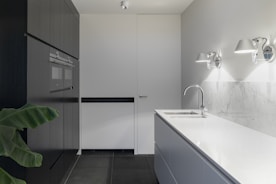 A modern kitchen with sleek, minimalist design features. A white countertop and backsplash paired with dark cabinets create a stark contrast. Wall-mounted lights provide illumination, and a built-in oven is present in the left-hand cabinetry. A green plant adds a touch of nature.