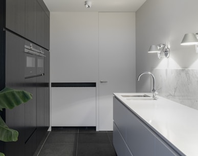 white stainless steel sink with faucet beside closed door