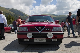 A classic red car with a license plate number TE-309272 is parked in an outdoor setting surrounded by people. The background features scenic hills and partly cloudy skies.