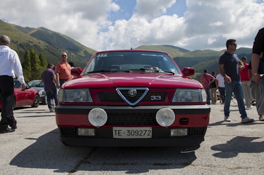 A classic red car with a license plate number TE-309272 is parked in an outdoor setting surrounded by people. The background features scenic hills and partly cloudy skies.