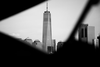 An artistic black and white photograph of a city skyline.