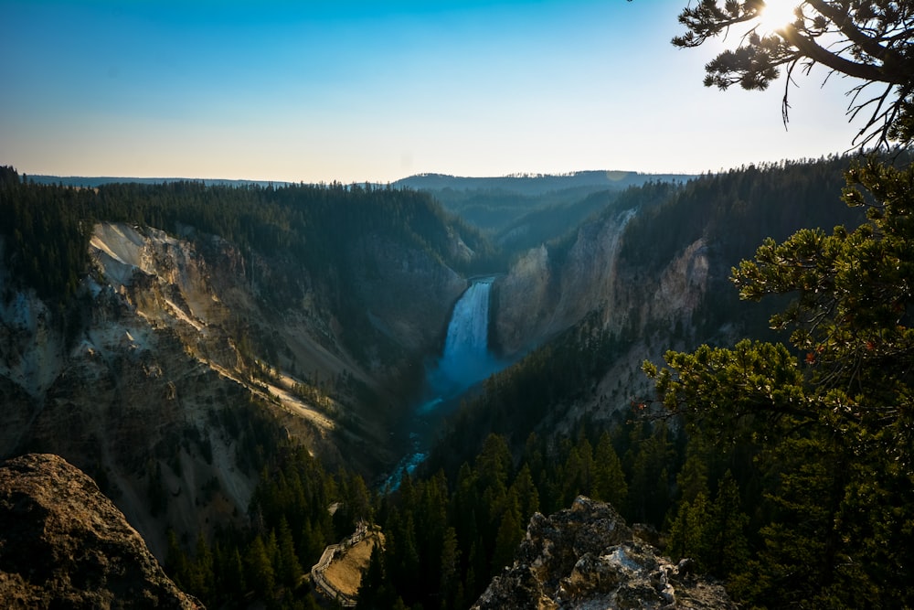 waterfall under calm sky