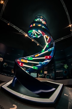 A large, illuminated DNA helix model is displayed in a darkened room, possibly an exhibit or a museum. The DNA model features colorful base pairs represented by differently colored bars with letters A, T, C, and G. The background includes informational posters and mounted lighting.
