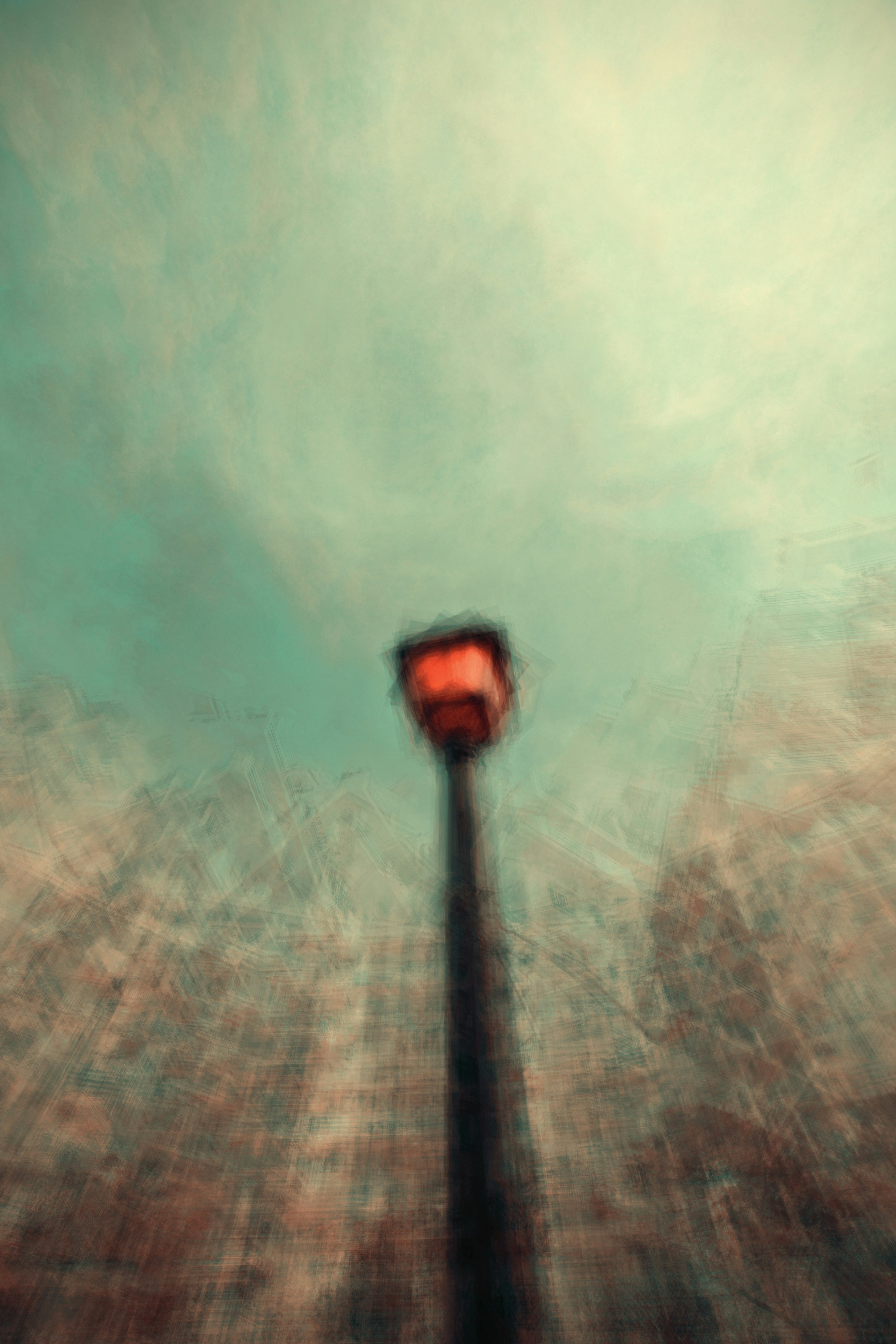 Streetlight surrounded buildings in city