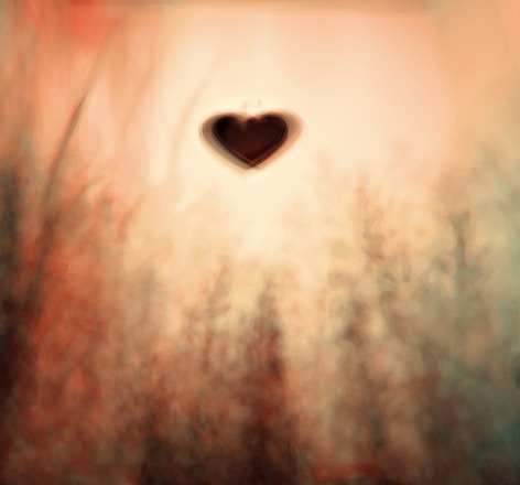 Abstract hearts and gentle energy waves blending softly on a warm beige background.