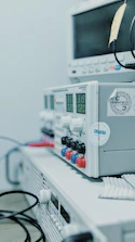 close-up photo of white and gray medical machine