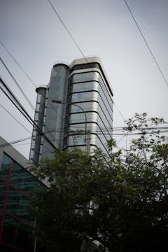 A modern multi-story building with glass windows and a sleek design rises into the cloudy sky. Surrounding the building are numerous overhead electrical cables, and in the foreground, there is a tree with green leaves partially obscuring the lower part of the structure. The overall scene is urban and contemporary.