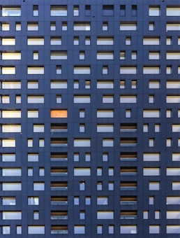 Large building facade with a modern design featuring a grid pattern of windows and panels. The overall appearance is geometric with rectangles and squares in various sizes, predominantly in dark colors. One section has a different-colored panel that stands out.