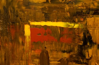 A bold abstract painting with warm earth tones and striking brushstrokes.