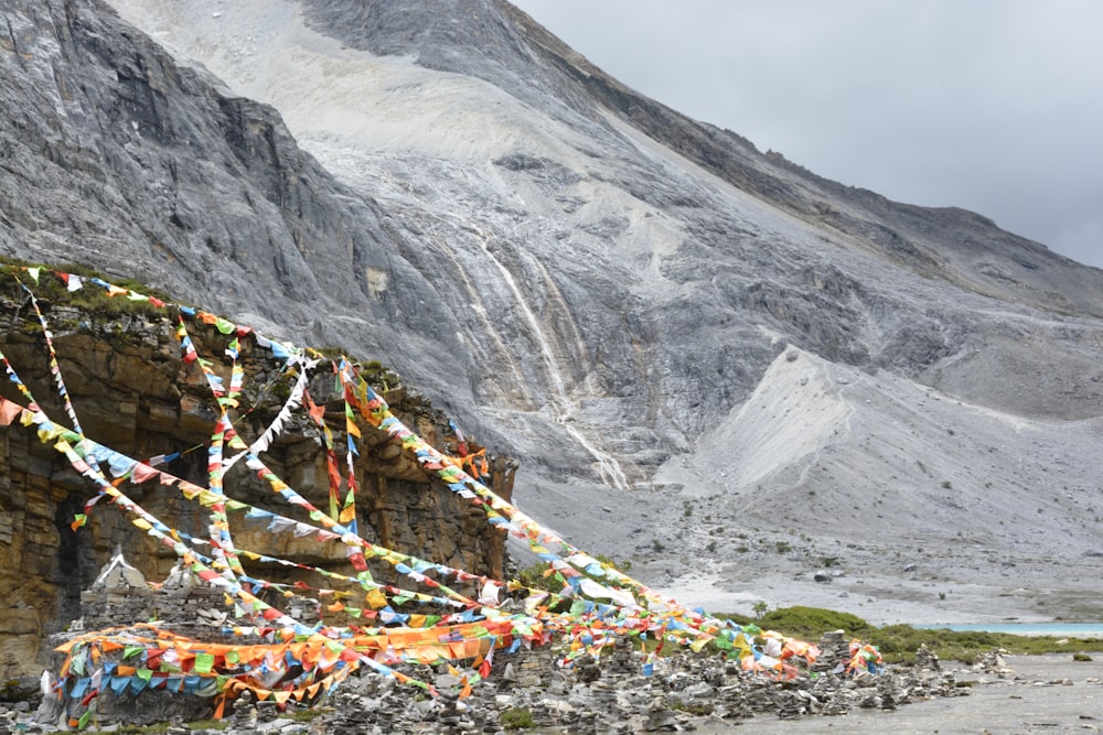 multicolored ornaments near mountain