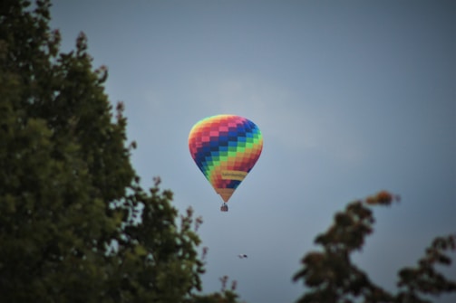 A vibrant multicolored hot air balloon is floating in the sky, with trees framing the sides of the image. The sky is overcast, providing a muted background that makes the bright colors of the balloon stand out.
