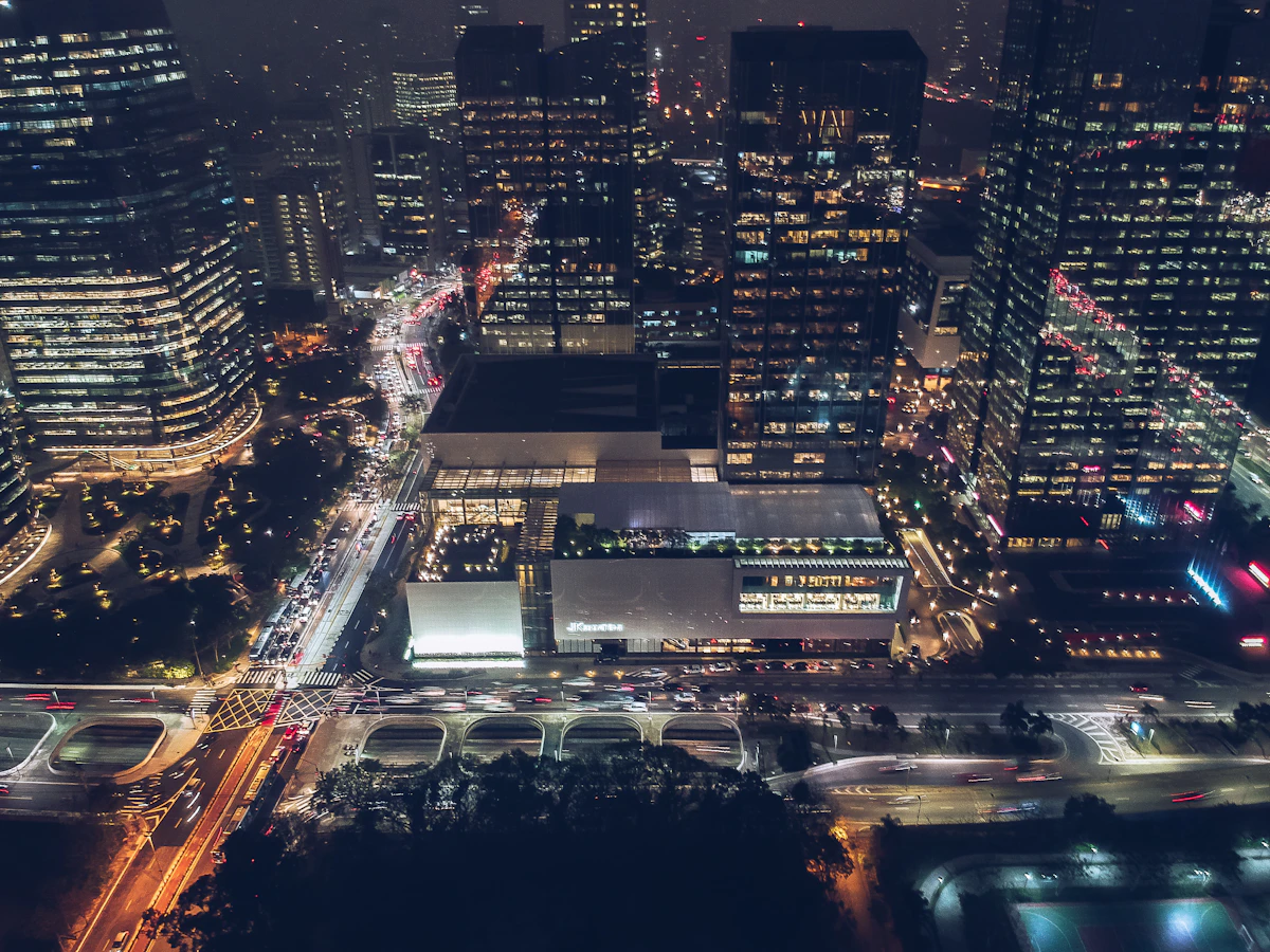 Financial district skyline at night