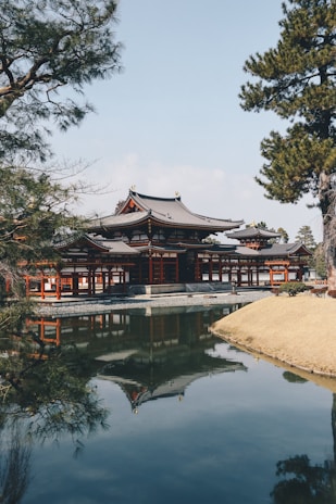 A tranquil pond reflecting the temple's architecture under a clear sky.
